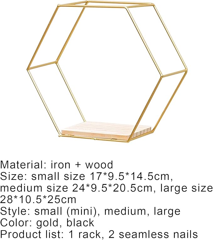 Hexagon Floating Wood Book Shelves, Iron Storage Holder Wall-Mounted Multifunctional Nordic Style Geometric Firm Hexagonal Shelf for Home Bedroom Bathroom Black L1