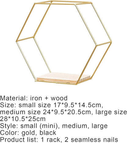 Hexagon Floating Wood Book Shelves, Iron Storage Holder Wall-Mounted Multifunctional Nordic Style Geometric Firm Hexagonal Shelf for Home Bedroom Bathroom Golden M