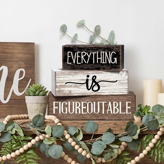 4 Pcs Inspirational Farmhouse Table Decor Everything Is Figureoutable Stacked Wooden Block Signs with Inspirational Quote Eucalyptus Leaves for Home, Living Room, Shelf Housewarming Gift