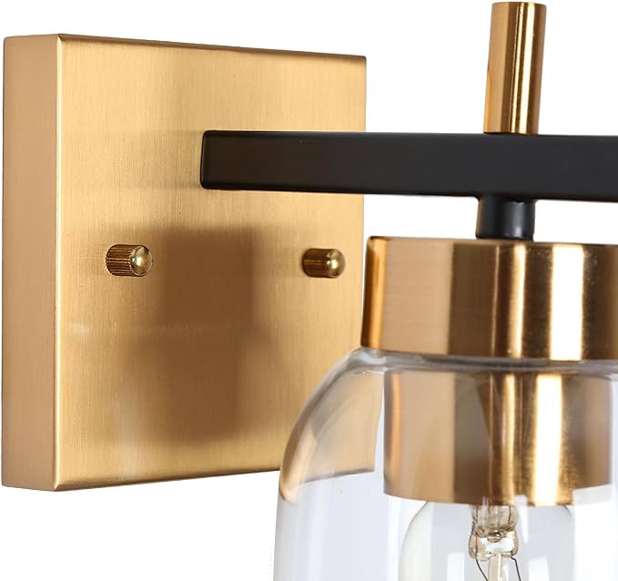 Black Gold Wall Sconce, Modern Brass Sconce Wall Lighting with Clear Glass Shade for Bathroom, Hallway, Kitchen, and Bedroom