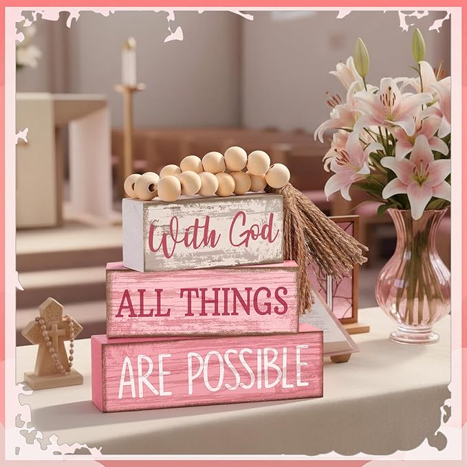 4 Pcs Christian Table Decor Pink Rustic Wooden Block Sign Set with God All Things are Possible Farmhouse Stacked Decor with Beaded Garland Tassel Christian Home Decors for Office, Shelf