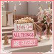 4 Pcs Christian Table Decor Pink Rustic Wooden Block Sign Set with God All Things are Possible Farmhouse Stacked Decor with Beaded Garland Tassel Christian Home Decors for Office, Shelf