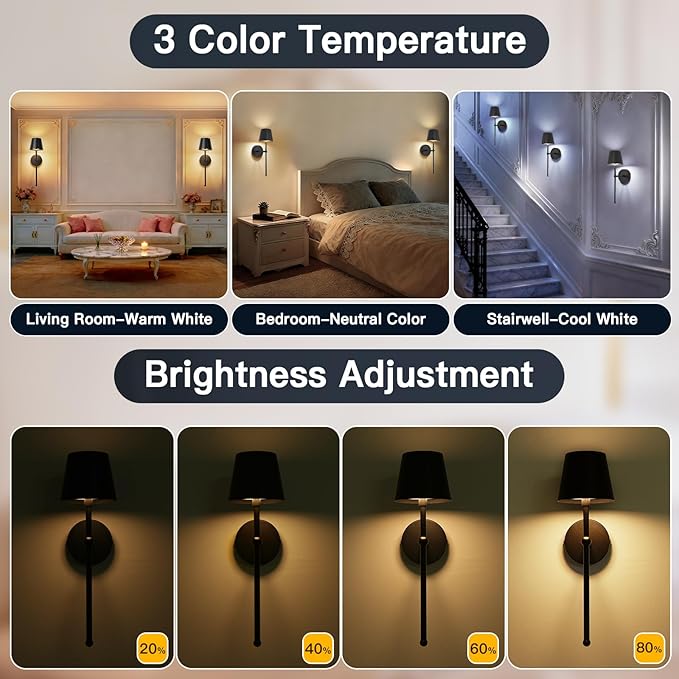 Battery Operated Wall Sconces Set of 2, Wireless Wall Sconce with Remote Dimmable Timer, Rechargeable 5200mAh, Cordless Wall Light for Bedroom Living Room, Hallway, Light Decor