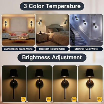 Battery Operated Wall Sconces Set of 2, Wireless Wall Sconce with Remote Dimmable Timer, Rechargeable 5200mAh, Cordless Wall Light for Bedroom Living Room, Hallway, Light Decor