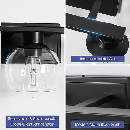 Bathroom Sconces Set of 2, Black Wall Sconces Set of Two, Bathroom Vanity Light with Clear Glass Shade, Modern Wall Light Fixtures for Bath Mirror Hallway Bedroom Living Room, Hardwired, E26 Base