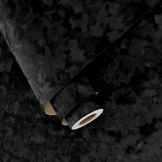 Wallercity Self Adhesive Felt Fabric Wallpaper Black Velvet Wallpaper Peel and Stick for Bedroom Dressing Room Flocking Fabric Contact Paper Wrinkled Textured Soft Cloth for Jewelry Boxes 11.8x78.7 IN