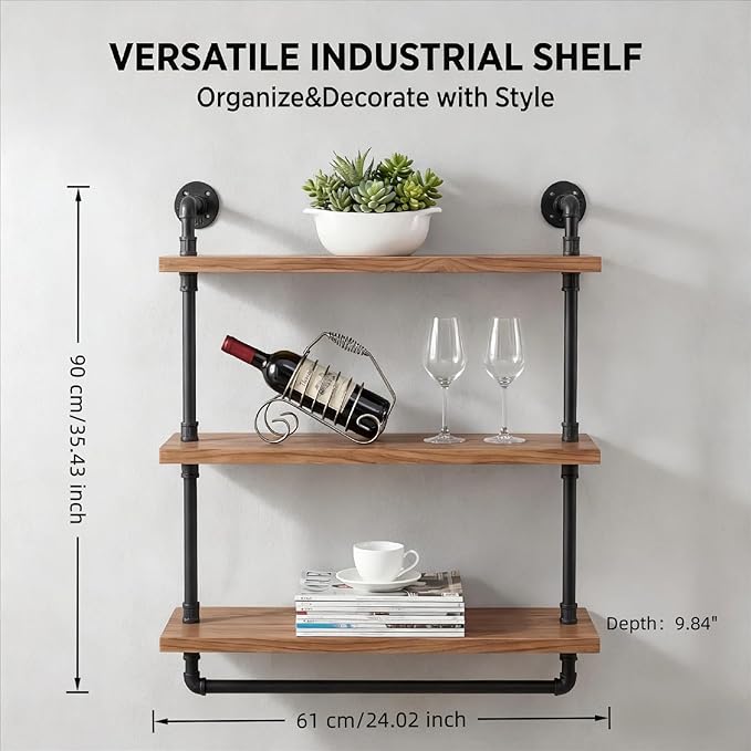 Industrial Wall Mounted Iron Floating Pipe Shelves/Shelving/Racks/Storage/Bookcases/Brackets, DIY Open Bookshelves/Shelving for Kitchen/Office, Retro Black (3-Tier Floating Shelves)