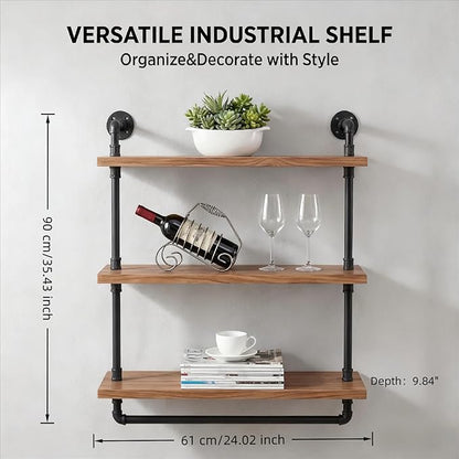 Industrial Wall Mounted Iron Floating Pipe Shelves/Shelving/Racks/Storage/Bookcases/Brackets, DIY Open Bookshelves/Shelving for Kitchen/Office, Retro Black (3-Tier Floating Shelves)