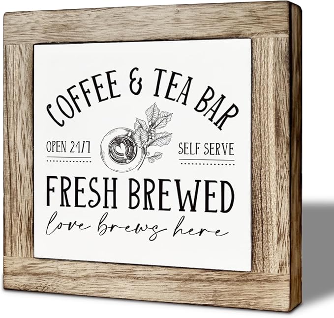Coffee and Tea Bar Decor, Farmhouse Coffee Bar Sign, Farmhouse Kitchen Tiered Tray Decor, Rustic Wood Signs for Cafe Bars, for Home Kitchen Bars Accessories 5.9×5.9 inch