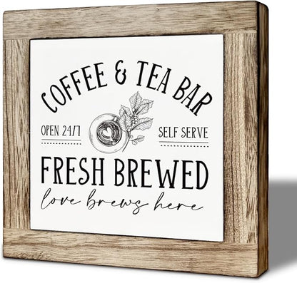 Coffee and Tea Bar Decor, Farmhouse Coffee Bar Sign, Farmhouse Kitchen Tiered Tray Decor, Rustic Wood Signs for Cafe Bars, for Home Kitchen Bars Accessories 5.9×5.9 inch