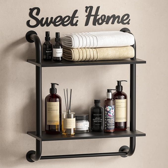 Bathroom Shelves Wall Mounted, Rustic Farmhouse Pipe Shelves, Wall Shelves 2-Tier, Industrial Pipe Shelving, Floating Shelf Decor for Bathroom, Bedroom, Living Room Thanksgiving 17.3in Black
