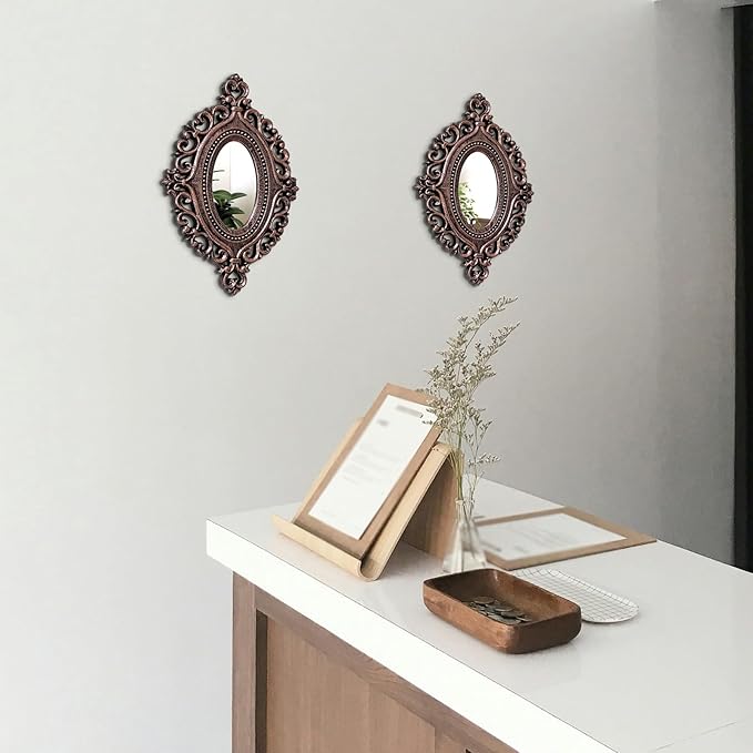 Cityelf 2 Set Oval Wood Carved Wall Mirror Baroque 3D Relief Rustic Home Decor Small Decorative Hanging Mirrors for Living Room, Bedroom Entrance Wall Sculpture