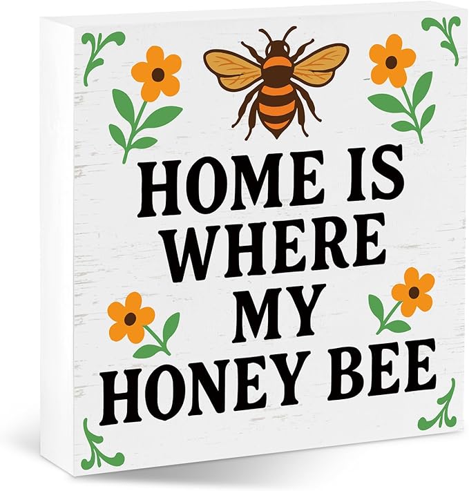 Valentines Desk Decor, Valentine's Day Home Office Table Sign for Wife Daughter from Dad Husband, Valentine Gifts Decorations for Porch Tiered Tray Shelf Party, Home Is Where My Honey Bee
