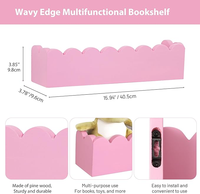 Wood Floating Shelves for Wall,Nursery Bookshelf,Kids Book Shelf,Baby Toys Storage Decor Organizer Wall Mounted for Living Room Bedroom,Wavy Edge,Preassembled,4 Pack,Scalloped Pine(Pink)