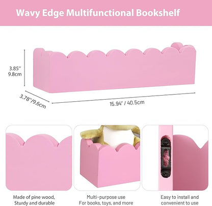 Wood Floating Shelves for Wall,Nursery Bookshelf,Kids Book Shelf,Baby Toys Storage Decor Organizer Wall Mounted for Living Room Bedroom,Wavy Edge,Preassembled,2 Pack,Scalloped Pine(Pink)