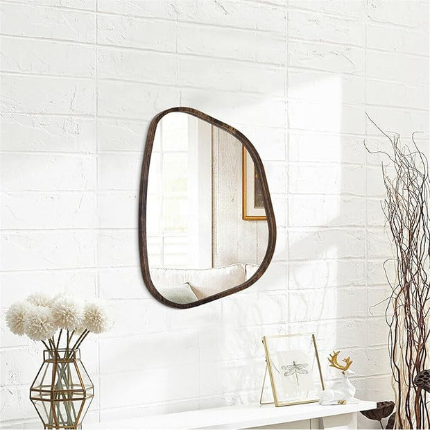 Asymmetrical Mirror Irregular Oval Wall Mirror Modern Wood Frame Unique Shape Wall Mounted Vanity Artistic Mirror Decorative for Living Room Bedroom Bathroom Entryway Hallway 14"x10"