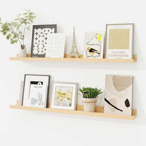 Picture Ledge Shelf, Floating Shelves Set of 2, 32 Inches Solid Wood Nursery Book Shelves for Toys Storage, Kids Bookshelf Wall Mounted for Living Room Decor Books Photo Frames, Unfinished Natural