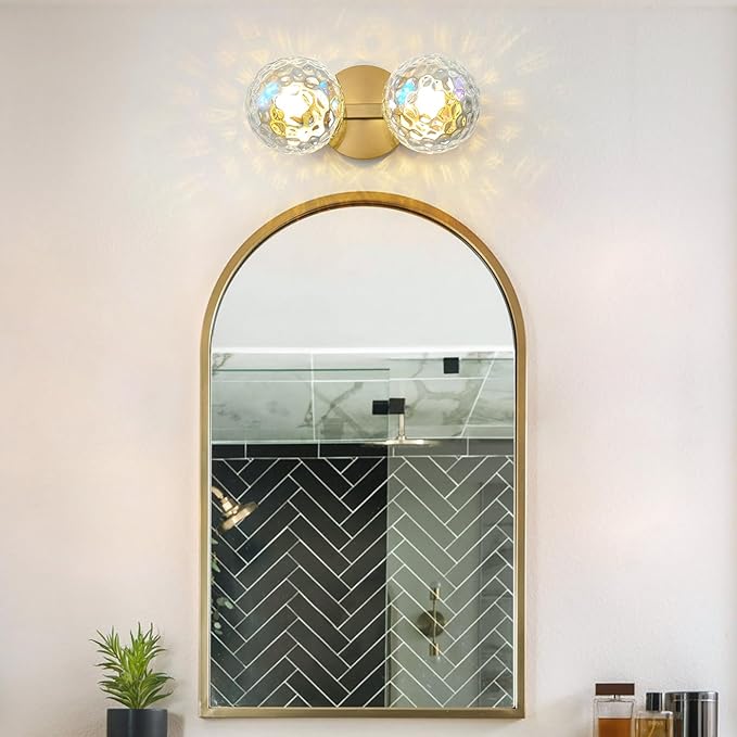 Gold Bathroom Vanity Light Fixtures: Modern Wall Scones With 2 Hammered Stained Glass Shades - Globe Makeup Lighting Fixture over Mirror - Brass Ball Powder Room Vanities Lights for Hallway Bedroom