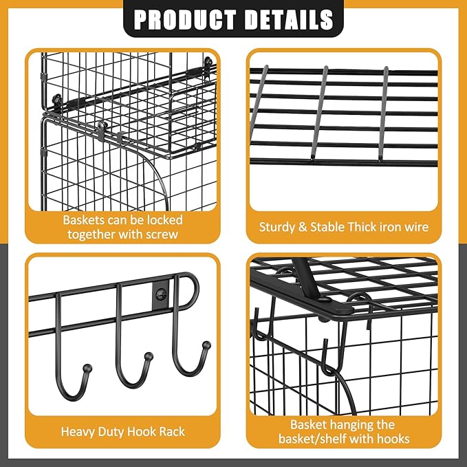 2 Pack Garage Shelves Wall Mounted with Wire baskets, Heavy Duty Garage Wall Shelving with Hooks, Wire Shelf Baskets Tool Organizer for Home Garden Garage Organization and Storage