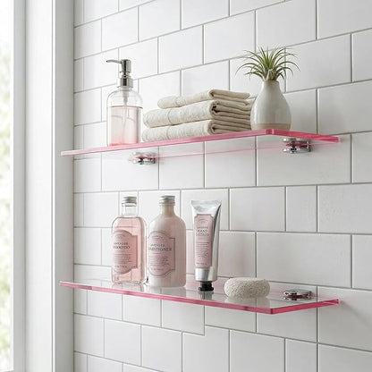 iobiotio Cute Pink Floating Shelves, 15 x 4'' Arylic Shelves for Wall, Decorative Clear Floating Shelves for Gril's Room, Bathroom, Wall Mounted, 2 Pcs