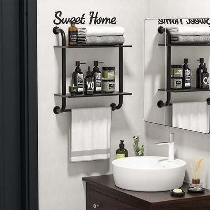 Bathroom Shelves Wall Mounted, Rustic Farmhouse Pipe Shelves, Wall Shelves 2-Tier, Industrial Pipe Shelving, Floating Shelf Decor for Bathroom, Bedroom, Living Room Thanksgiving 17.3in Black