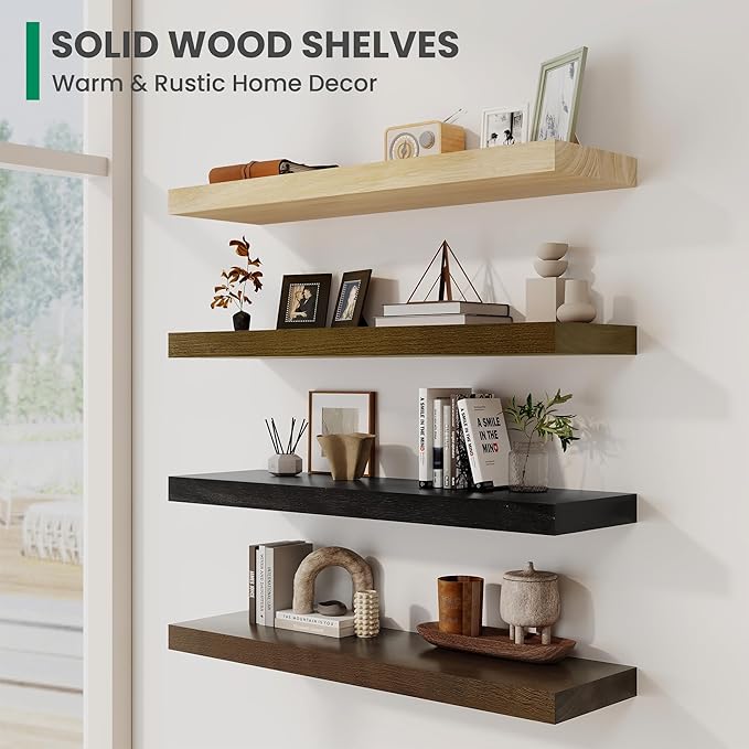 Marsmiles Solid Wood Floating Shelves for Wall, 36”W x 9”D x 1.56”H Large Wall Shelves for Living Room Bedroom Bathroom Kitchen Drcor Storage with Invisible Heavy-Duty Metal Bracket, Walnut, Set of 2