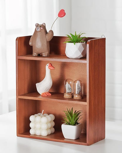 3-Tier Trinket Display Shelf for Wall or Countertop, Small Vintage Wooden Shelf for Collectibles, Perfume & Crystal Storage, Brown