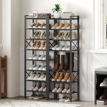 8-Tier Narrow Shoe Rack, Tall Shoe Rack for 8-16 Pairs, Slim Shoe Storage Organizer with Wooden Top, Space Saving, Metal Frame, for Entryway, Charcoal and Black SS608BC