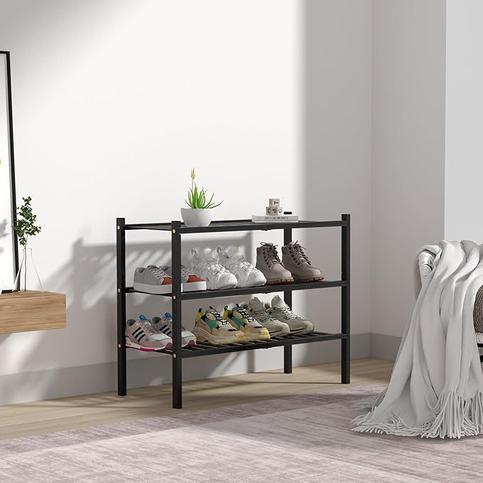 3 Tier Bamboo Shoe Rack for Closet Free Standing Wood Shoe Shelf Storage Organizer for Entryway Small Space Stackable 27