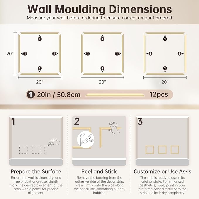 DODOKIE Peel and Stick Wall Molding Kit, Pre Cut Molding Wainscoting Panels for Interior Home Wall Moulding Décor Living Room Decoration, Self-Adhesive Ready to Assemble Gold (3 Set, 20 x 20 in)