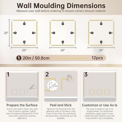 DODOKIE Peel and Stick Wall Molding Kit, Pre Cut Molding Wainscoting Panels for Interior Home Wall Moulding Décor Living Room Decoration, Self-Adhesive Ready to Assemble Gold (3 Set, 20 x 20 in)