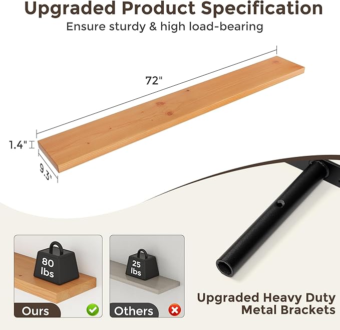 Axeman 72 Inch Floating Shelves for Wall, 9.3" Deep High End Solid Real Wood Wall Shelves with Heavy Duty Invisible Bracket for Living Room, Bedroom, Kitchen, Bathroom, Set of 1, Natural