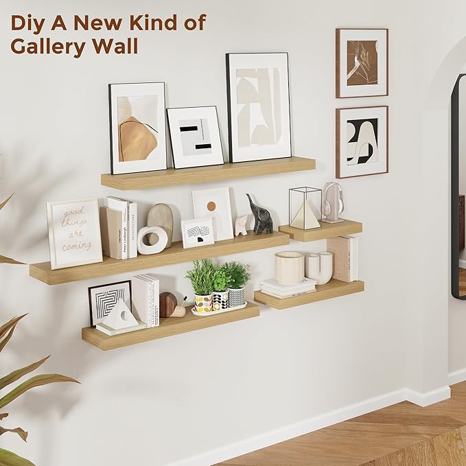 Heimlove 48 Inch Floating Shelves for Wall 8 Inch Deep Oak Shelves Set of 2,Wall Mounted Rustic Wood Long Floating Shelf，Large Display & Storage Shelf with Invisible Brackets