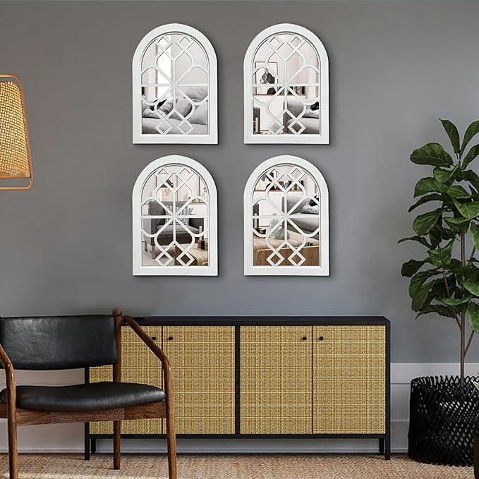 ZEXUIRU Set of 4 Arched Window Wall Mirror Rustic Farmhouse Accent Mirror Wood Framed Entry Wall Decoration for Living Room Bathroom Bedroom Kitchen