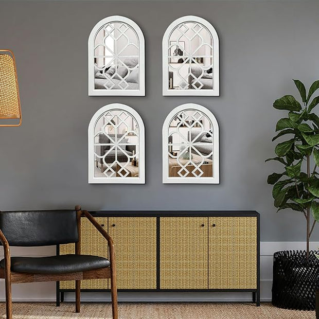 ZEXUIRU Set of 4 Arched Window Wall Mirror Rustic Farmhouse Accent Mirror Wood Framed Entry Wall Decoration for Living Room Bathroom Bedroom Kitchen