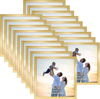 Hoikwo 18 Packs 8x8 Gold Plastic Multi Picture Frames Set with Plastic Cover, for Family Photos, Artwork, Light Weight Bulk 8 by 8 Frames Pack for Wall Hanging and Table, Stylish Picture Frames