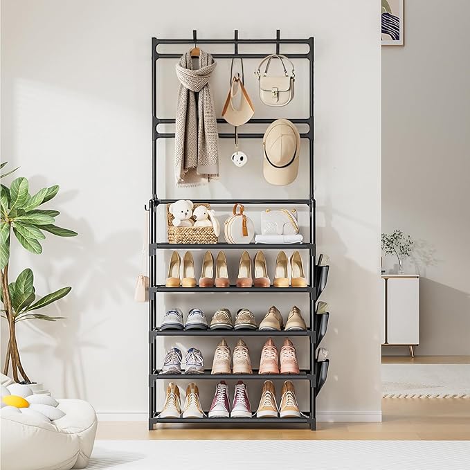 Shoe Rack 5 Tier Shoe Organizer Storage 15-20 Pairs Shoes Rack for Closet Entrance Shoe Rack Organizer with Hooks and Side Pocket Entryway Shoe Holder Space Saving Free Standing Shoe Racks