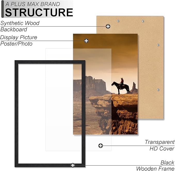 A PLUS MAX 12x16 Picture Frame, Black Engineered Wood Frame for 12 x 16 Inch Picture Poster Photo, Light Weight 12 by 16 Frame with Wood-grain for Wall - 1 Pack/Black/12 x16