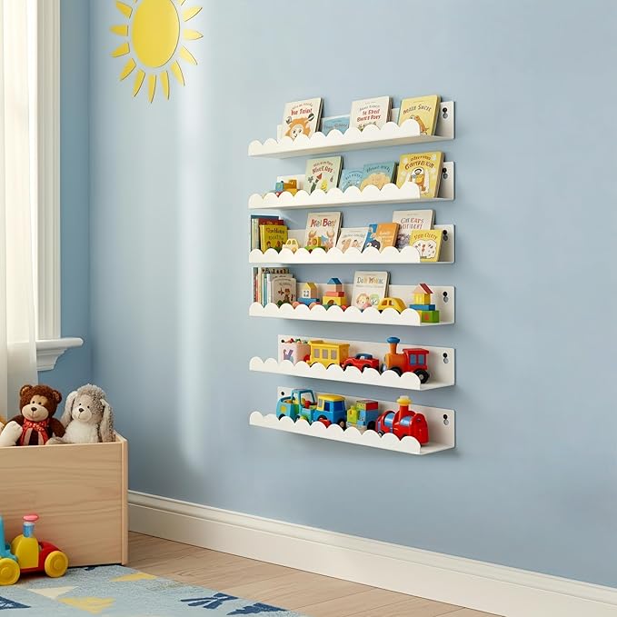 Nursery Book Shelves Set of 6, White Metal Floating Shelves for Wall, 16 Inch Scalloped Book Shelf for Kids Room, Bathroom, Bedroom, Playroom Wall Decor & Storage