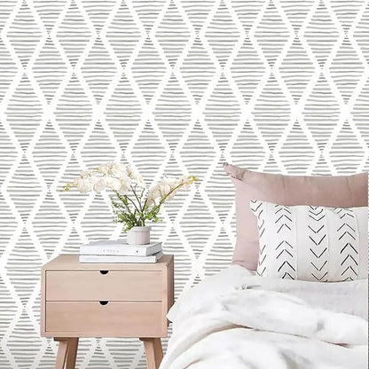White and Silver Gray Peel and Stick Wallpaper 17.7"x480"Modern Stripe Contact Paper Rhombus Wall Paper Vinyl Shelf Paper & Drawer Liner Roll for Bedroom Living Room.