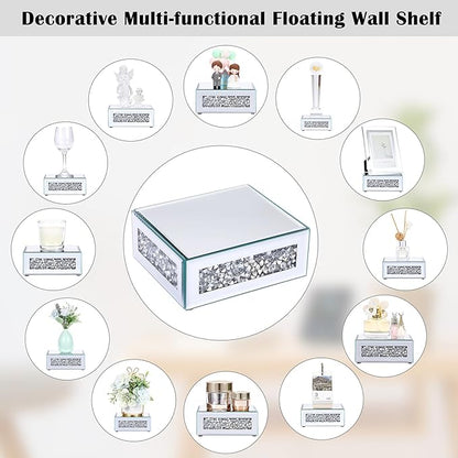Sumnacon Mounted Floating Shelf 2 Pcs Decorative Floating Shelf for Bathroom Decor Stylish Crushed Diamond Floating Wall Shelf for Plants Sturdy Mirrored Wall Mounted Floating Shelf for Living Room