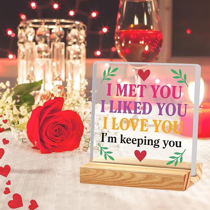 Valentines Desk Decor, Happy Valentine's Day Home Office Table Sign for Porch Tiered Tray Shelf Party, Rustic Romantic Acrylic Gifts Decorations for Him Her Wife, I Met You