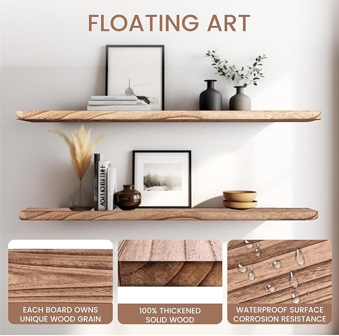 Floating Shelves 36 Inches Long, Set of 2 Solid Rustic Wood Wall Mounted Shelves, Wall Picture Ledge Shelf with Invisible Metal Brackets for Living Room, Bedroom, Bathroom, Carbonized Black
