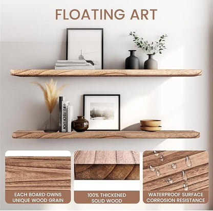 Floating Shelves 36 Inches Long, Set of 2 Solid Rustic Wood Wall Mounted Shelves, Wall Picture Ledge Shelf with Invisible Metal Brackets for Living Room, Bedroom, Bathroom, Carbonized Black