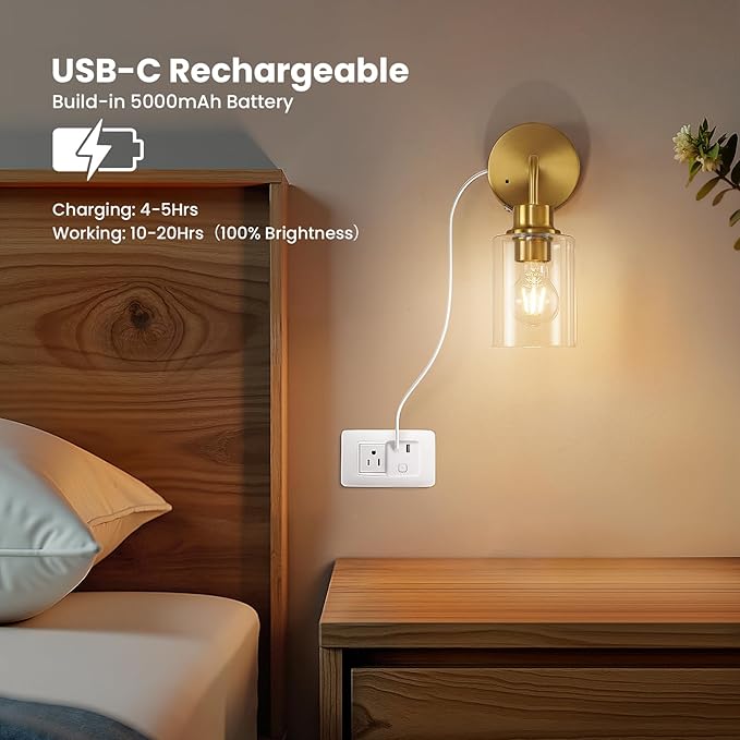 Battery Operated Wall Sconce Set of Two - Dimmable Wireless Sconces Set of 2 with Remote Control, Cordless Rechargeable Gold Wall Lights 3000K Modern wall lamp for Bathroom Bedroom Living Room