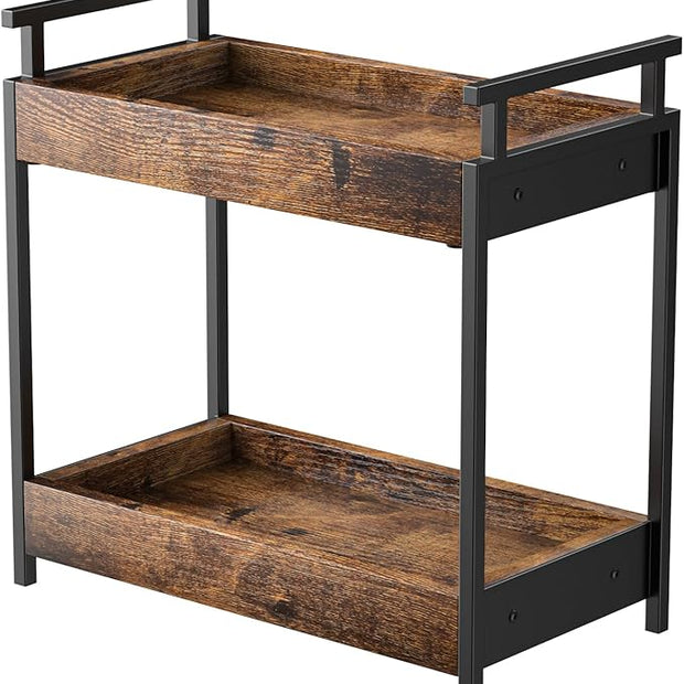 KLM Countertop Coffee Station Organizer, 2 Tier Wooden Shelf for Coffee Bar Accessories, Condiment Storage Caddy for Kitchen, Bathroom Counter Organizer, Home, Office - Brown