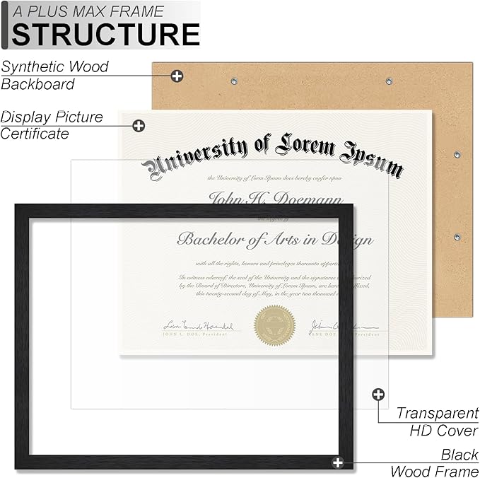 A PLUS MAX Black 8.5 x 11 Frame Set of 6, Engineered Wood Frame with Wood-grain for Display 8.5 by 11 Document Award Certificate Wall and Tabletop - 6 Pack/Black/8.5x11