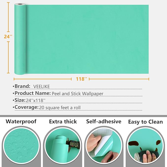 VEELIKE Thick Tiffany Green Wallpaper Peel and Stick Bright Green Contact Paper for Cabinets Walls 24''x118'' Self Adhesive Removable Waterproof Solid Color Wallpaper for Bedroom Girls Room Classroom