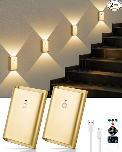 Rechargeable Motion Sensor Wall Sconce Set of 2 – 5000mAh Wireless Battery Operated Wall Light Indoor,3 Colors Up/Down Lighting Magnetic Night Light with Remote Control for Bedroom,Hallway (Gold)