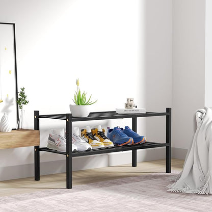 2 Tier Bamboo Shoe Rack for Closet Free Standing Wood Shoe Shelf for Entryway Small Space Stackable 27"x11"x13" (Black)